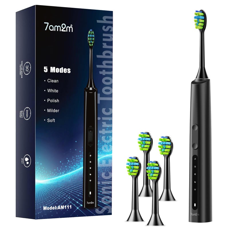 7AM2M Sonic Electric Toothbrush for Adults and Kids 40000VPM Power Toothbrushes USBC Rechargeable with 4 Brush Heads 5 Modes 2 Minutes Built in Smart Timer One Charge for 60 Days Black